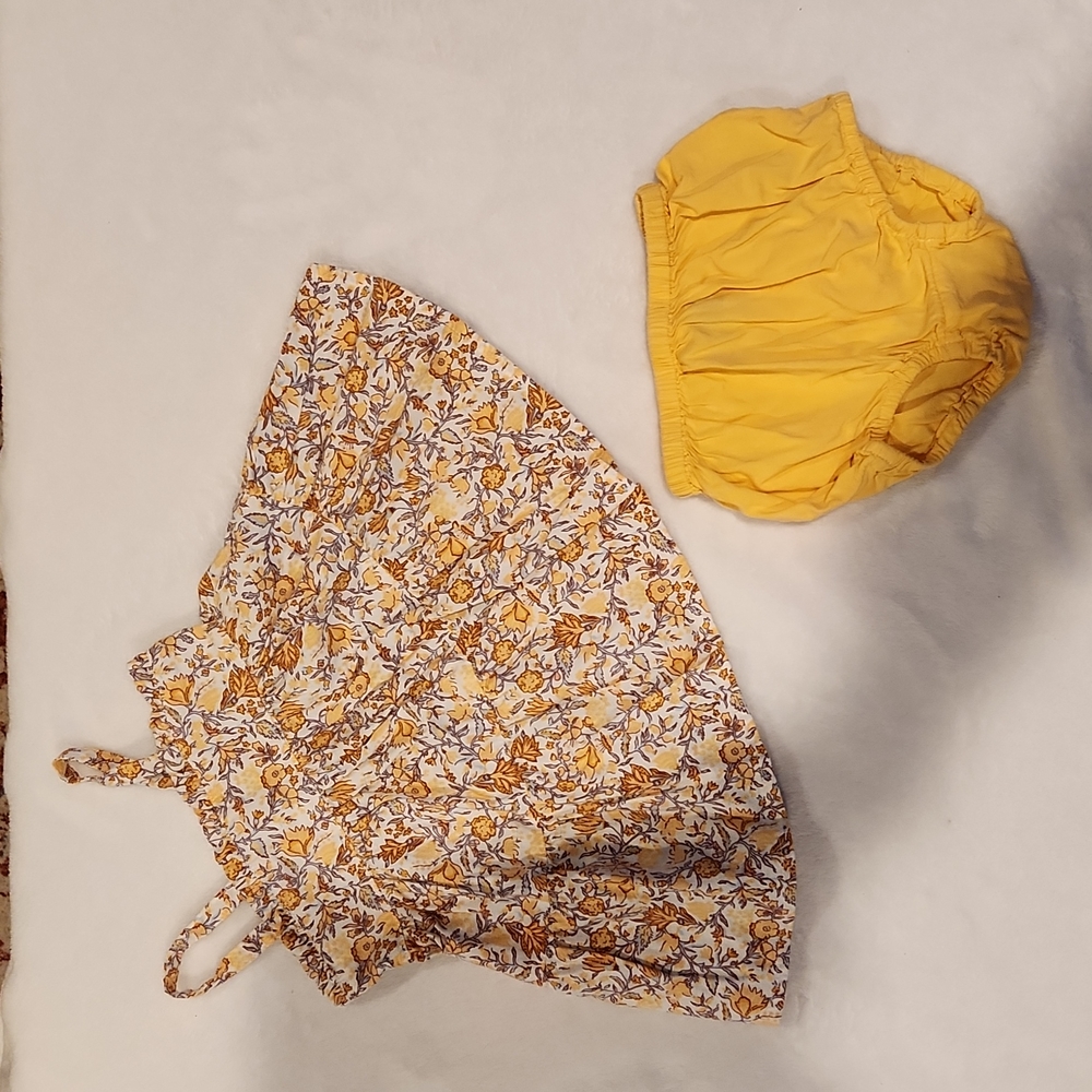 Sleeveless Tiered Floral Dress with yellow bloomers